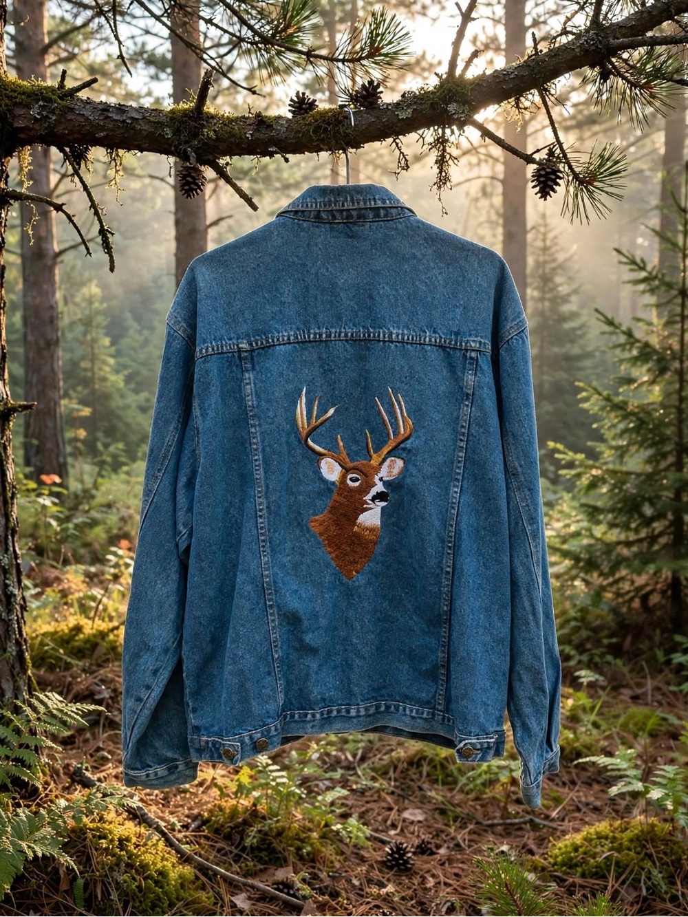 Vintage 90s Embroidered Deer Denim Jacket Hunting Oversized Trucker Cottagecore